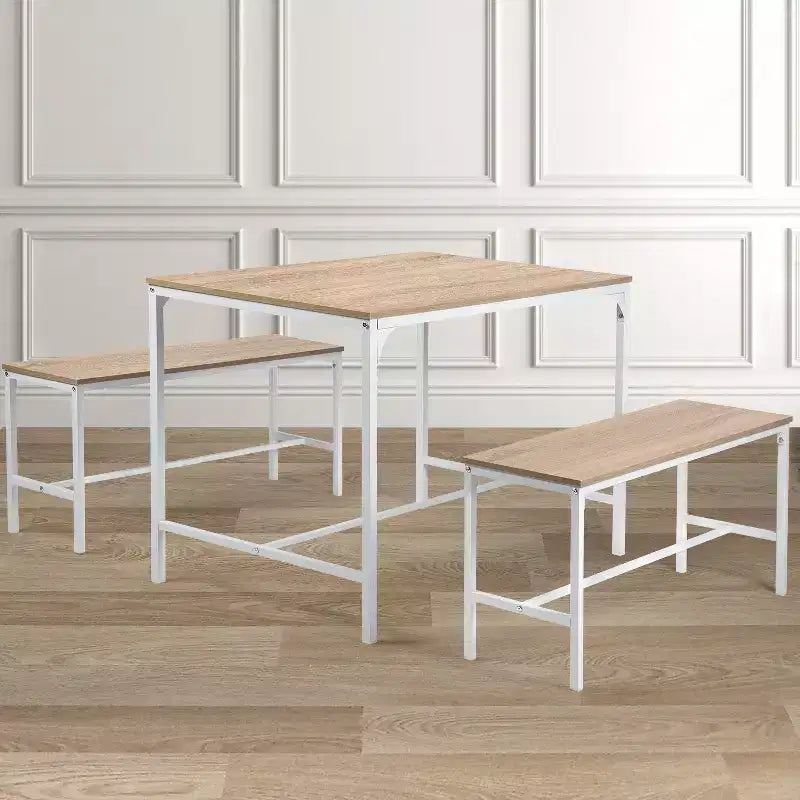 Ensemble de salle à manger FurnitureR 3 pièces, Table de cuisine de 110 cm avec 2 bancs de salle à manger pour 4, Panneau MDF, Dînette pour la maison, restaurant, Hêtre Blanc