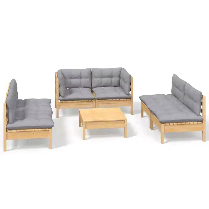 vidaXL Solid Pinewood Patio Lounge Set 7 Piece with Cushions - Brown and Gray