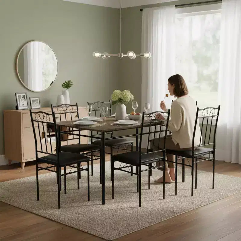 FurnitureR Table à manger rectangulaire avec 6 chaises en cuir PU, ensemble table de cuisine pour 4 à 6 personnes, marron/noir vintage