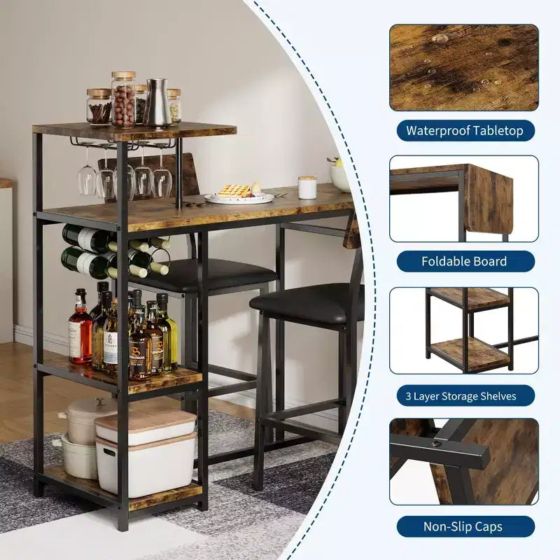 Ensemble table et chaises de salle à manger moderne GutoWave pour 2, ensemble table de bar extensible et 2 chaises 3 pièces