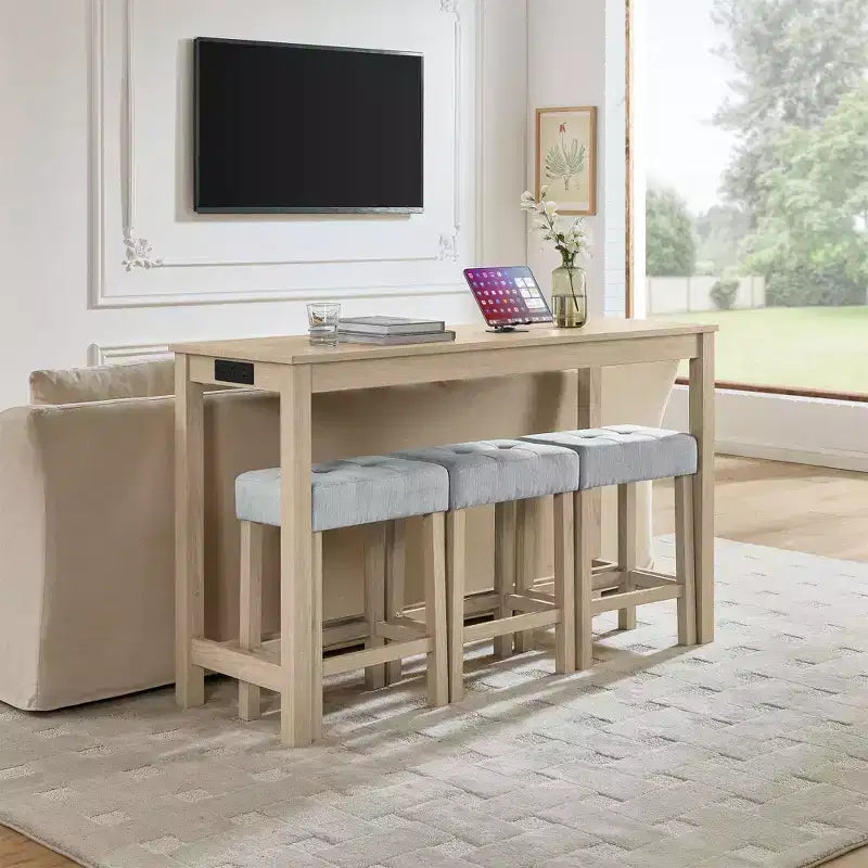 Ensemble de table à manger et de tabourets de bar Okak 4 pièces de style ferme pour cuisine, salle à manger, ensemble de table de petit-déjeuner en bois massif avec prise de courant