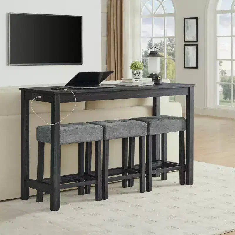 Ensemble de table à manger et de tabourets de bar Okak 4 pièces de style ferme pour cuisine, salle à manger, ensemble de table de petit-déjeuner en bois massif avec prise de courant