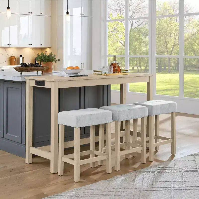 Ensemble de table à manger et de tabourets de bar Okak 4 pièces de style ferme pour cuisine, salle à manger, ensemble de table de petit-déjeuner en bois massif avec prise de courant