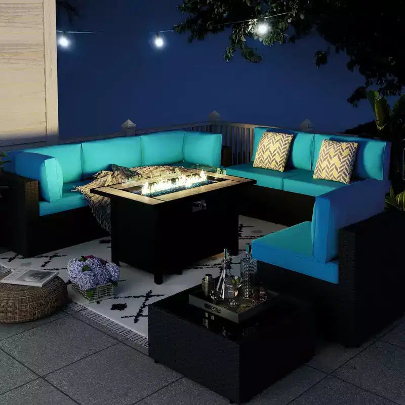 Celebalcony - Ensemble de conversation d'extérieur 8 pièces avec canapé modulable, cadre noir et table brasero