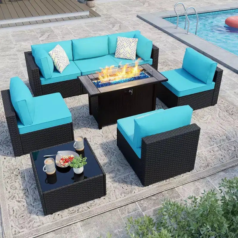 Celebalcony - Ensemble de conversation d'extérieur 8 pièces avec canapé modulable, cadre noir et table brasero