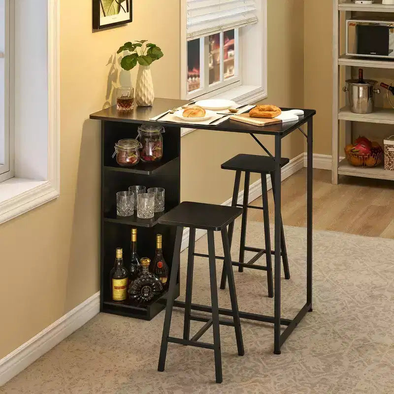 Ensemble table de bar et 2 chaises 3 pièces, table à hauteur de comptoir avec 2 tabourets et étagères de rangement, idéal pour petits espaces, appartements, cuisines