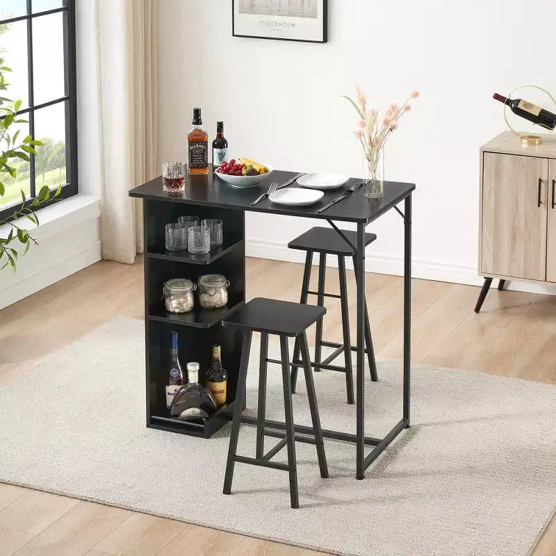 Ensemble table de bar et 2 chaises 3 pièces, table à hauteur de comptoir avec 2 tabourets et étagères de rangement, idéal pour petits espaces, appartements, cuisines