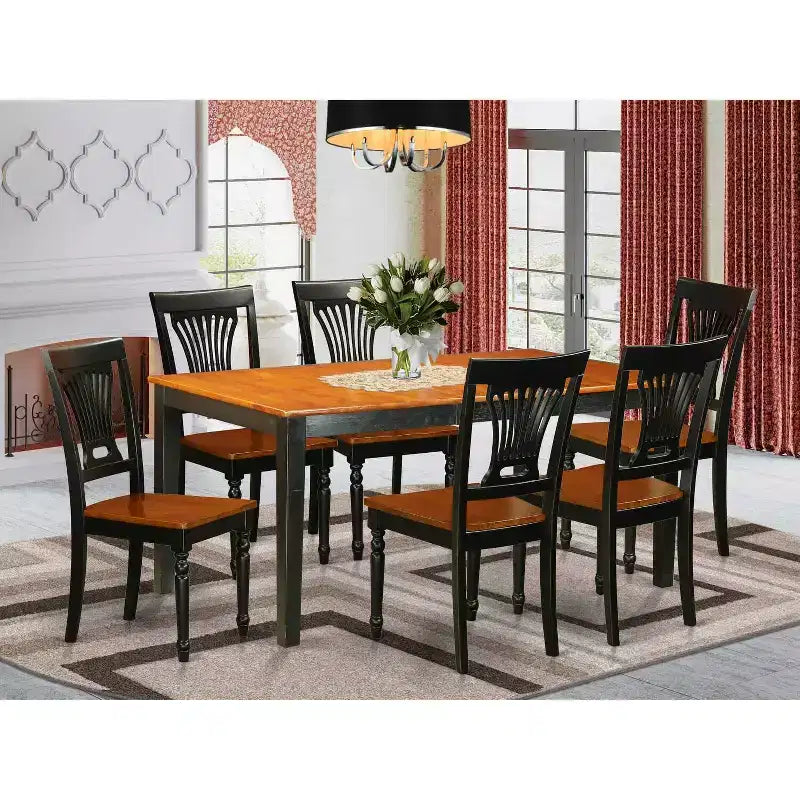 Table à manger HomeStock 7 pièces rectangulaire noir et finition cerisier avec plateau en bois massif et 6 chaises