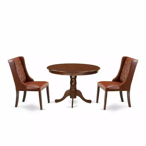 3-Piece Mahogany Finish Solid Wood Top - Button Tufted Upholstered Dining Room Set - Seats 4