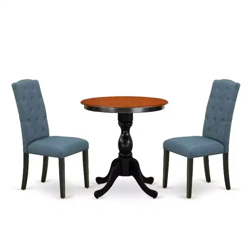 3-Piece Black and Cherry Finish Solid Wood Top - Button Tufted Upholstered Dining Room Set - Seats 4