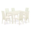 HomeStock 7-Piece Rectangle Linen White Finish Solid Wood Top Dining Table with 6 Chairs