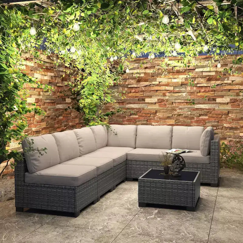 Acekool Ensemble de meubles de patio 7 pièces, canapé sectionnel en osier avec table basse et coussins, canapé modulaire d'extérieur