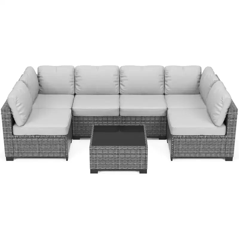 Acekool Ensemble de meubles de patio 7 pièces, canapé sectionnel en osier avec table basse et coussins, canapé modulaire d'extérieur