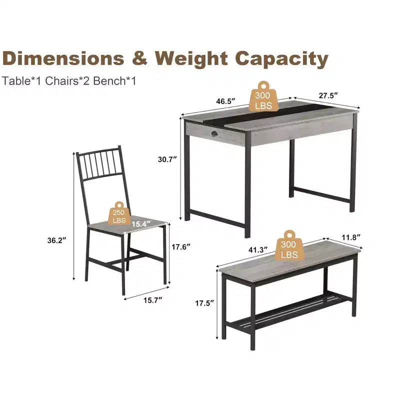 Petite table de cuisine et 2 chaises pour 4 avec banc, ensemble de table de cuisine peu encombrant avec étagère de rangement et tiroirs
