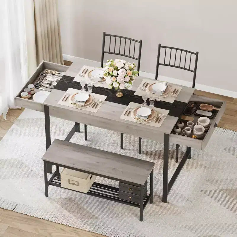 Petite table de cuisine et 2 chaises pour 4 avec banc, ensemble de table de cuisine peu encombrant avec étagère de rangement et tiroirs
