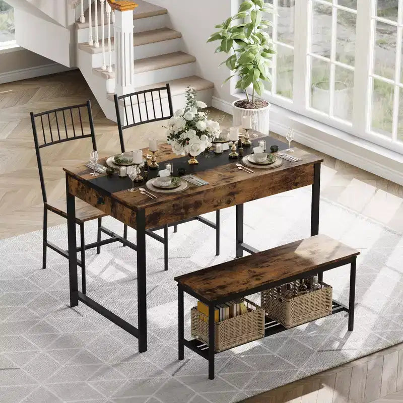 Petite table de cuisine et 2 chaises pour 4 avec banc, ensemble de table de cuisine peu encombrant avec étagère de rangement et tiroirs