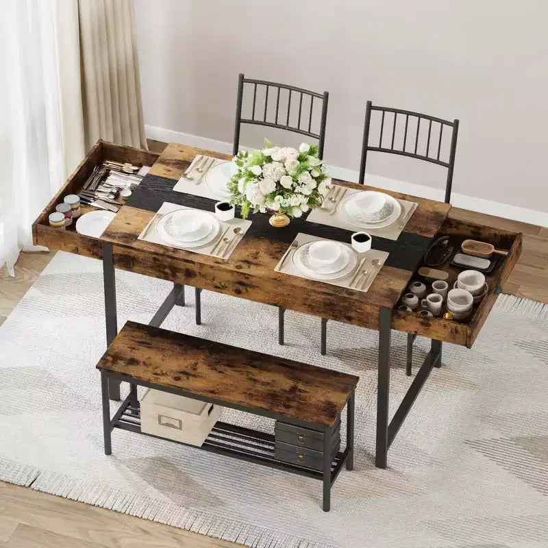 Petite table de cuisine et 2 chaises pour 4 avec banc, ensemble de table de cuisine peu encombrant avec étagère de rangement et tiroirs