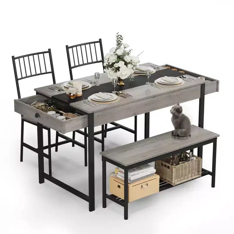 Petite table de cuisine et 2 chaises pour 4 avec banc, ensemble de table de cuisine peu encombrant avec étagère de rangement et tiroirs