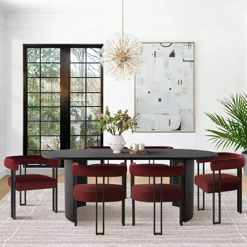 Ensemble de salle à manger 7 pièces avec chaises en velours, table ovale noire moderne et fauteuils rembourrés avec pieds en métal pour salle à manger - Panipeachy
