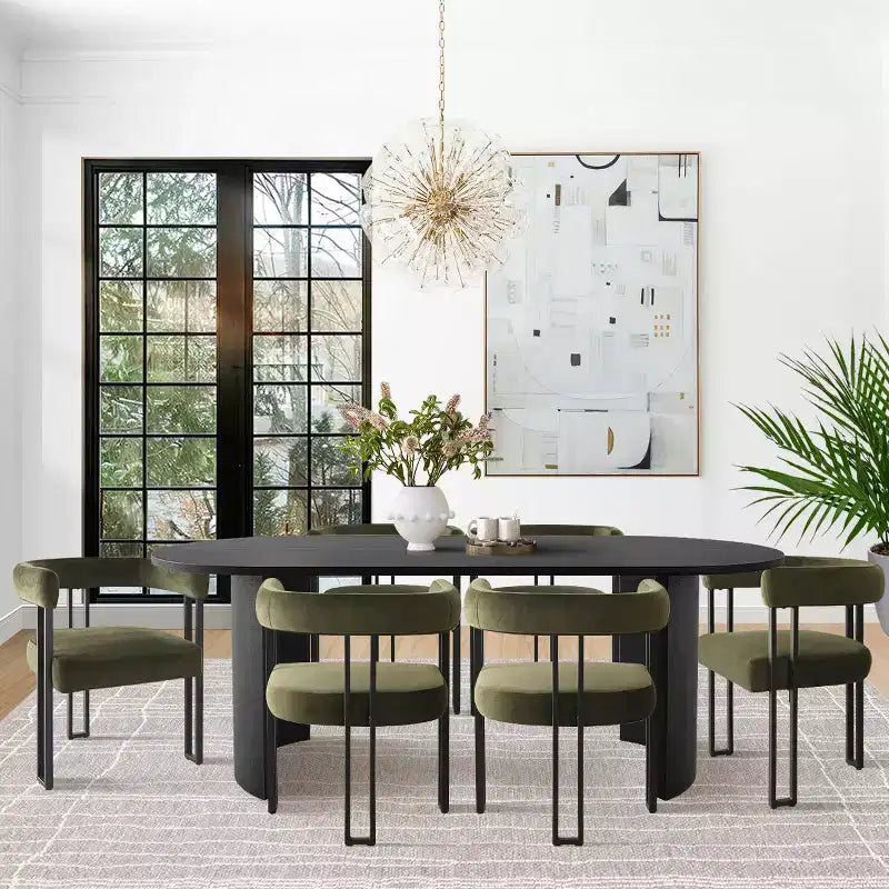 Ensemble de salle à manger 7 pièces avec chaises en velours, table ovale noire moderne et fauteuils rembourrés avec pieds en métal pour salle à manger - Panipeachy