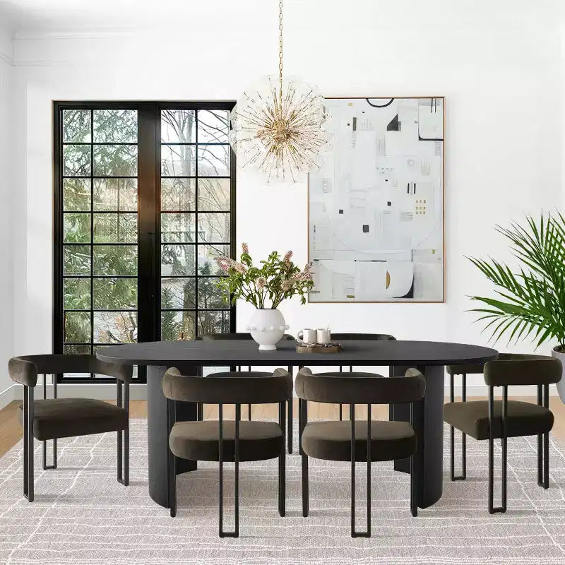 Ensemble de salle à manger 7 pièces avec chaises en velours, table ovale noire moderne et fauteuils rembourrés avec pieds en métal pour salle à manger - Panipeachy