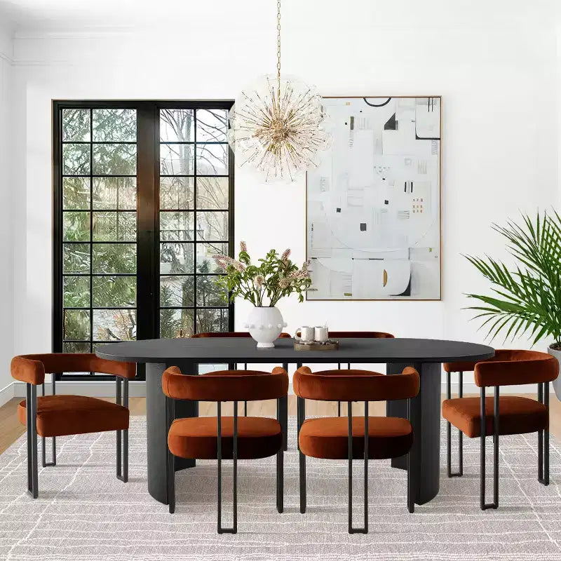 Ensemble de salle à manger 7 pièces avec chaises en velours, table ovale noire moderne et fauteuils rembourrés avec pieds en métal pour salle à manger - Panipeachy