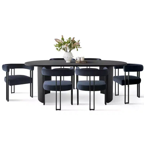 Ensemble de salle à manger 7 pièces avec chaises en velours, table ovale noire moderne et fauteuils rembourrés avec pieds en métal pour salle à manger - Panipeachy