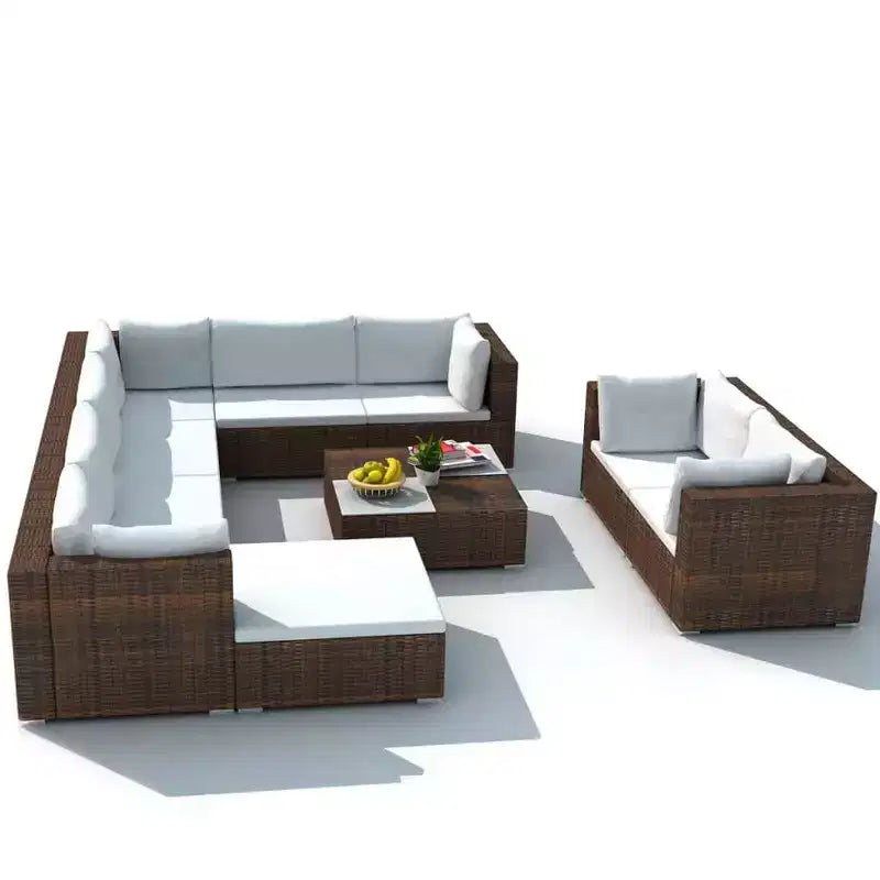 vidaXL Salon de jardin 10 pièces avec coussins en résine tressée marron
