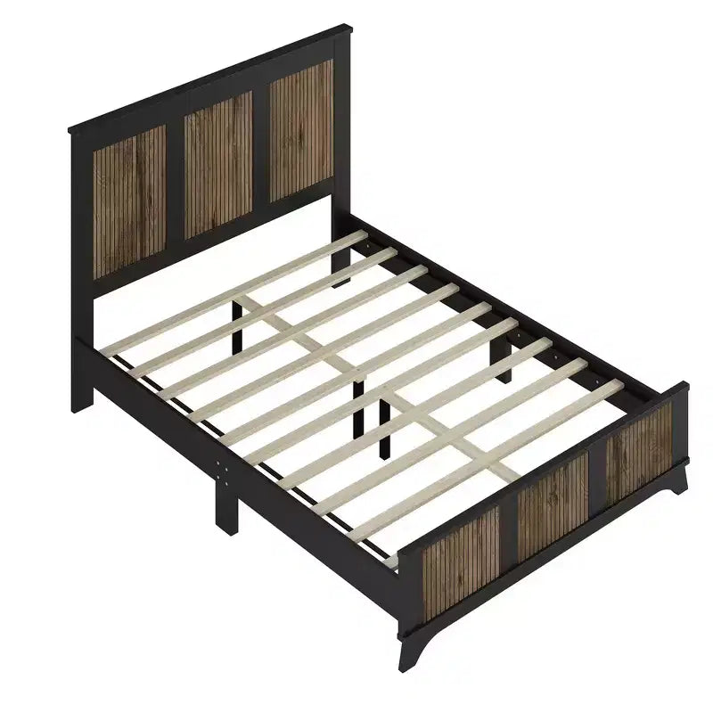 Ensemble de chambre Whisen 4 pièces, lit plateforme Queen size de style rustique, table de chevet avec rangement et commode avec poignée en métal