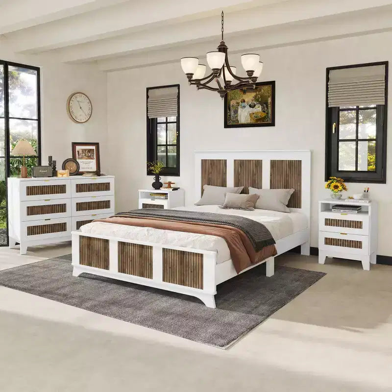 Ensemble de chambre Whisen 4 pièces, lit plateforme Queen size de style rustique, table de chevet avec rangement et commode avec poignée en métal