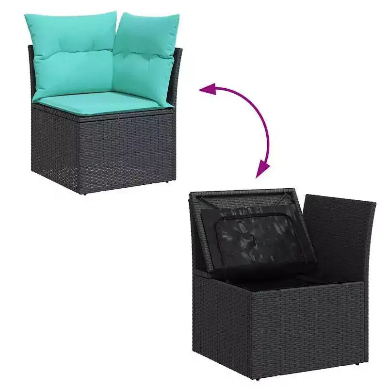 vidaXL Salon de jardin 10 pcs Noir et turquoise Rotin PE - Noir et turquoise sans table