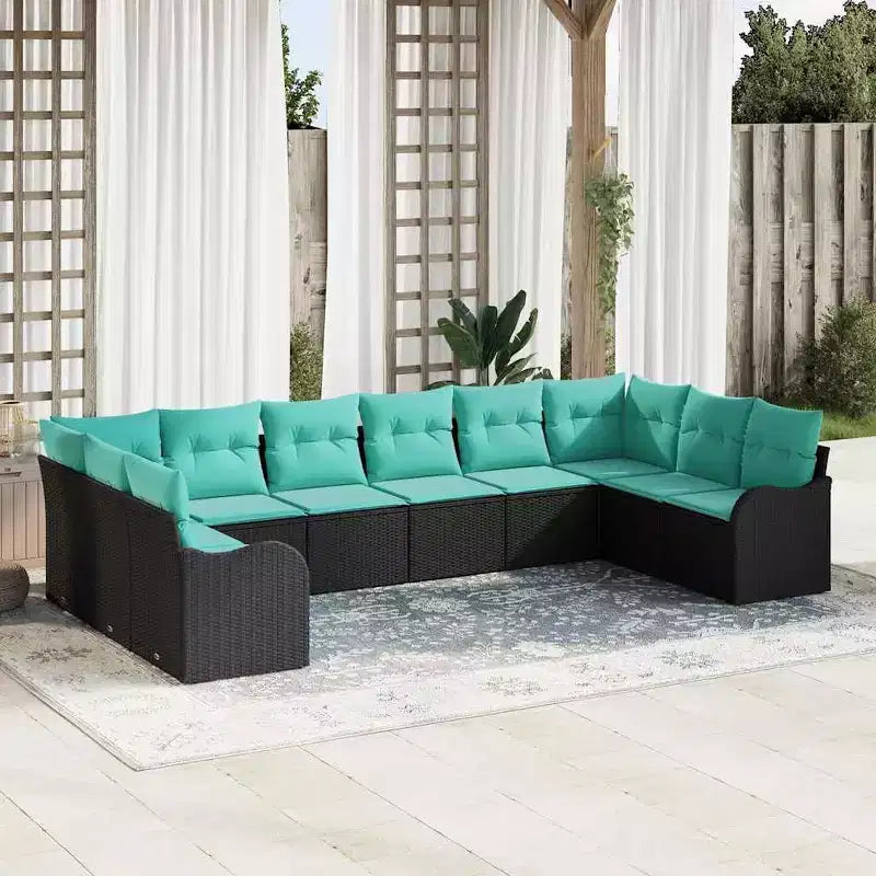 vidaXL Salon de jardin 10 pcs Noir et turquoise Rotin PE - Noir et turquoise sans table