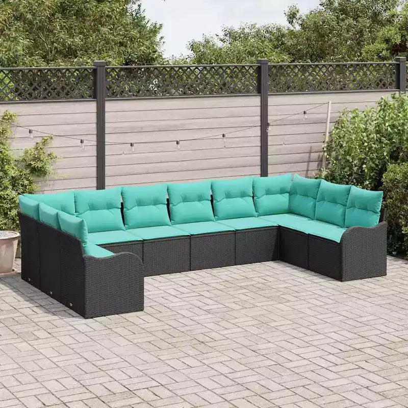 vidaXL Salon de jardin 10 pcs Noir et turquoise Rotin PE - Noir et turquoise sans table