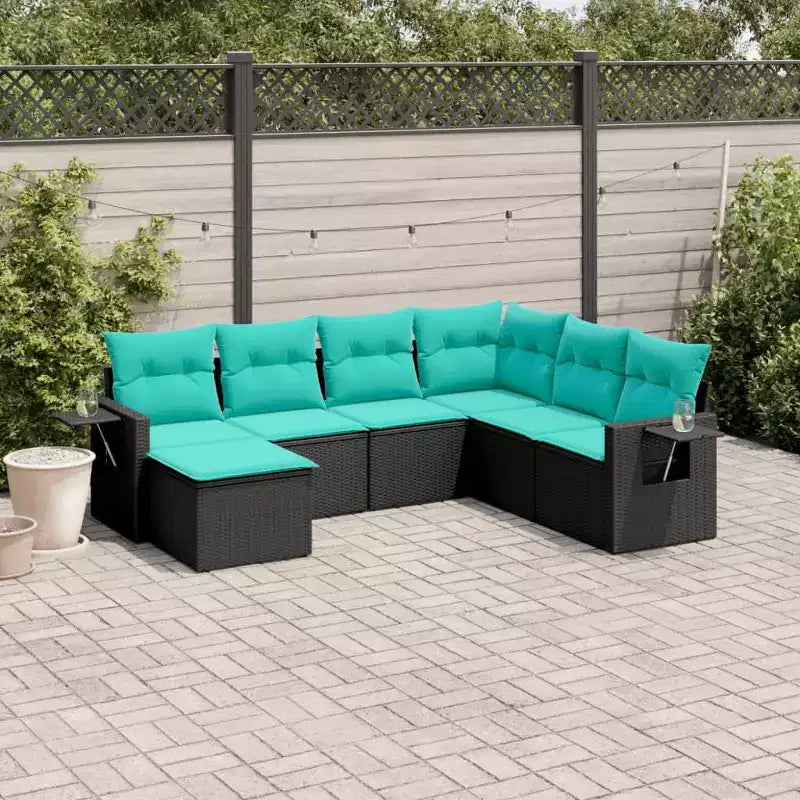 vidaXL Salon de jardin noir, rotin PE bleu, acier thermolaqué 7 pièces