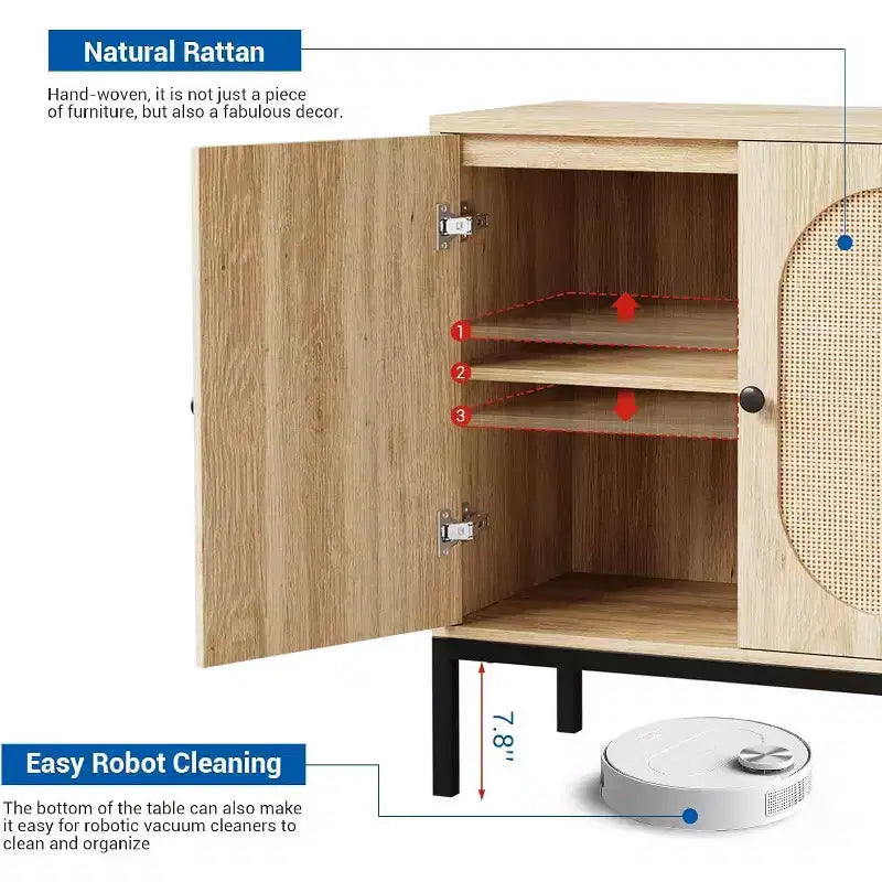 Meuble de rangement en rotin avec étagères réglables, buffet pour entrée, salon et cuisine, 80L x 40l cm