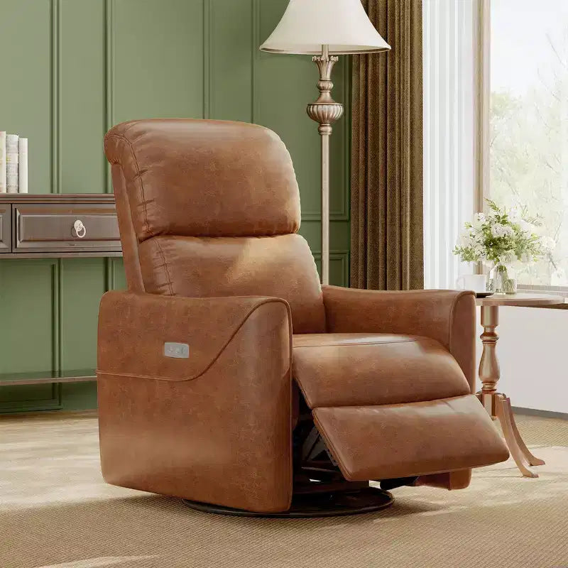 PU Leather Power Swivel Glider Recliner  Nursery Rocker with Lumbar Support, USB Charging Port & Mid-Century Modern Design (Brown)