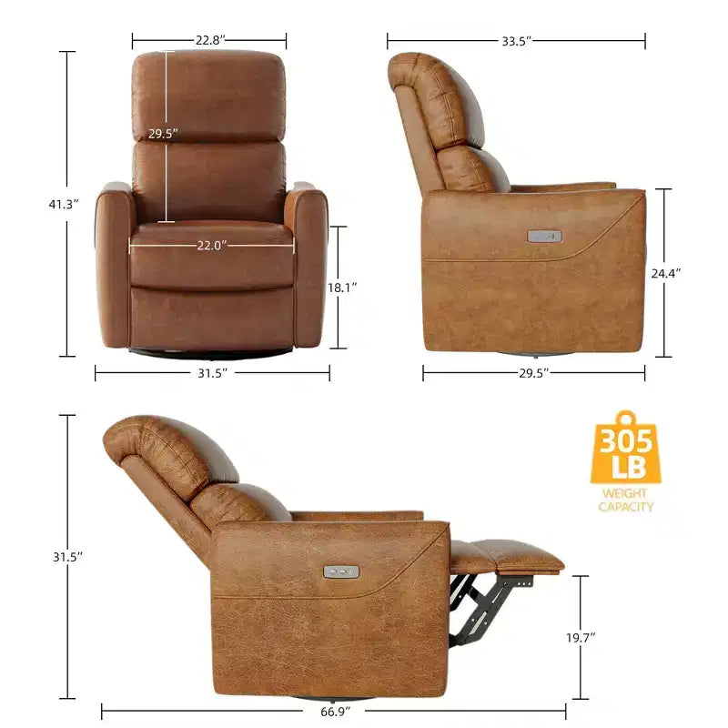 Fauteuil inclinable et pivotant en similicuir à bascule avec support lombaire, port de chargement USB et design Mid-century Modern (Marron)