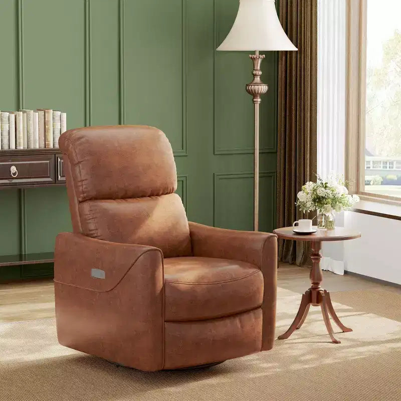 Fauteuil inclinable et pivotant en similicuir à bascule avec support lombaire, port de chargement USB et design Mid-century Modern (Marron)