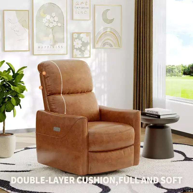 Fauteuil inclinable et pivotant en similicuir à bascule avec support lombaire, port de chargement USB et design Mid-century Modern (Marron)