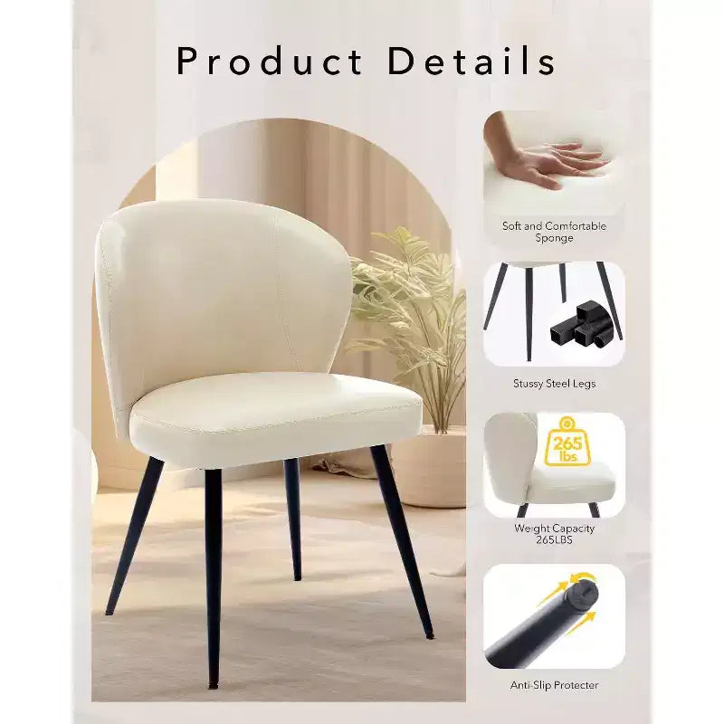 Lot de 2 chaises de salle à manger, chaises de cuisine et de salle à manger modernes du milieu du siècle avec dossier et assise rembourrés, revêtement en similicuir sans accoudoirs beige
