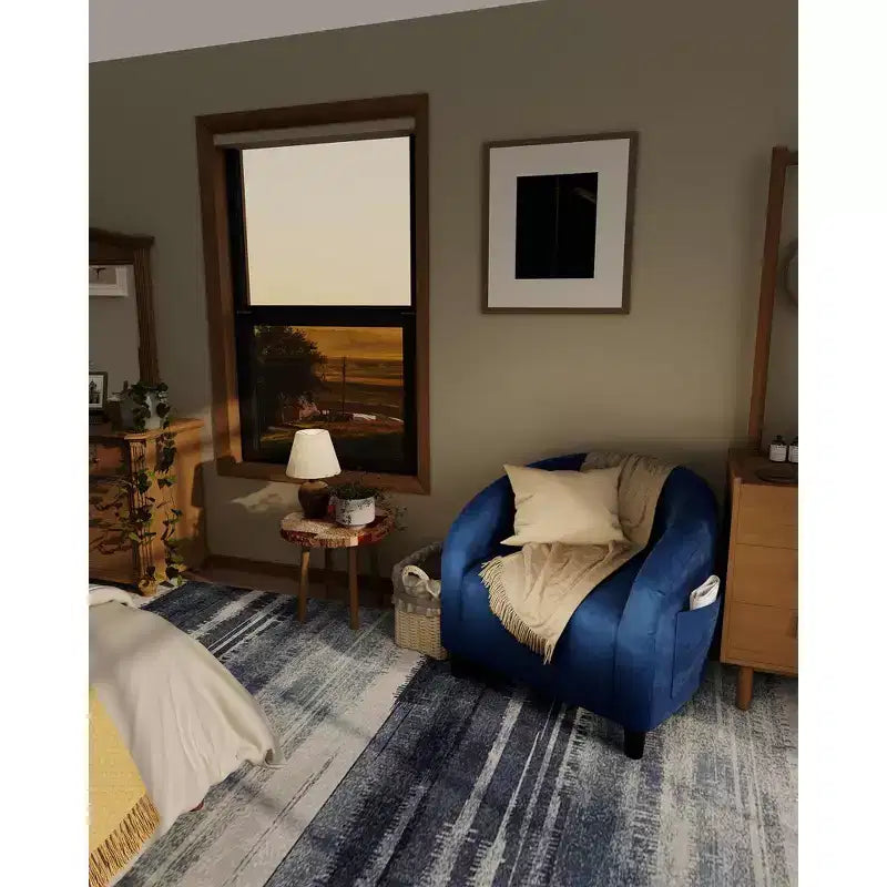 Fauteuil club 28 en velours avec dossier en U, accoudoirs incurvés et assise rembourrée douce pour salon et chambre