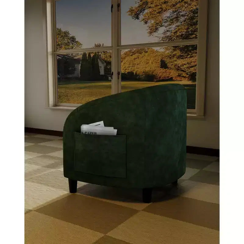 Fauteuil club 28 en velours avec dossier en U, accoudoirs incurvés et assise rembourrée douce pour salon et chambre