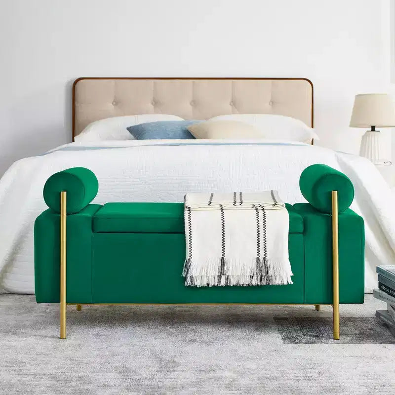MAYEERTY Elegant Upholstered Line Storage Bench with Cylindrical Arms and Iron Legs for Hallway Living Room Bedroom Green