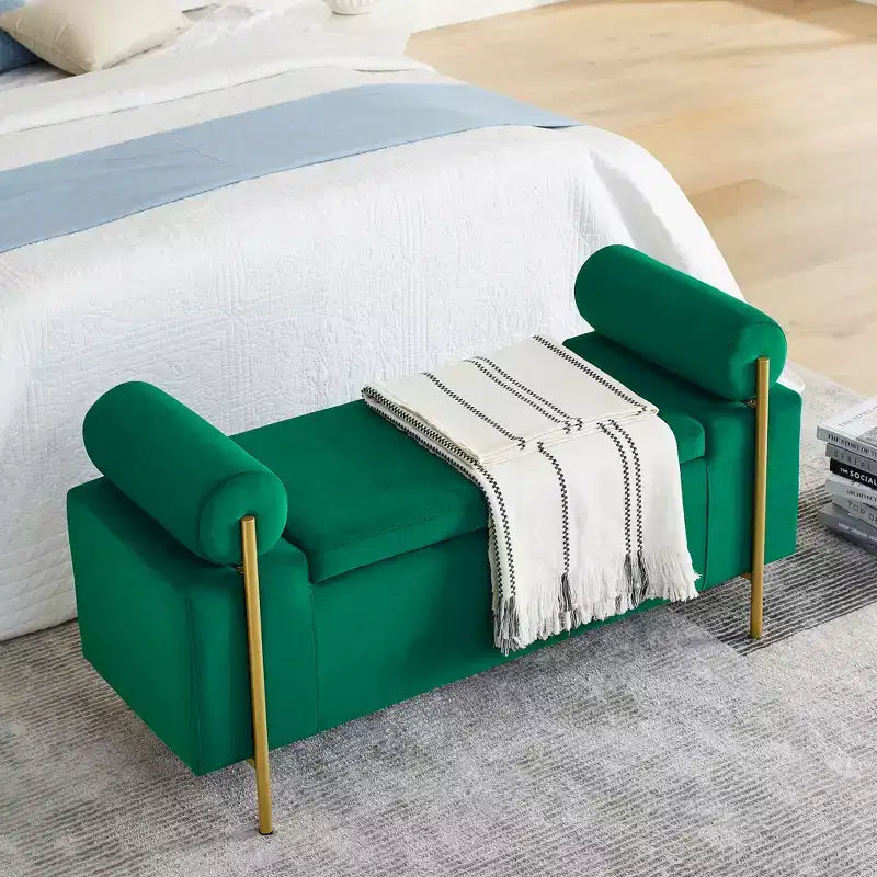 Banc de rangement capitonné élégant avec accoudoirs cylindriques et pieds en fer pour couloir salon chambre vert