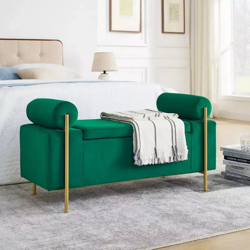 Banc de rangement capitonné élégant avec accoudoirs cylindriques et pieds en fer pour couloir salon chambre vert