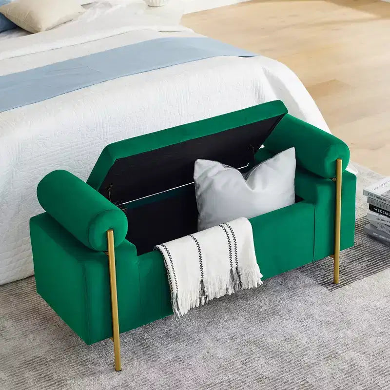 Banc de rangement capitonné élégant avec accoudoirs cylindriques et pieds en fer pour couloir salon chambre vert