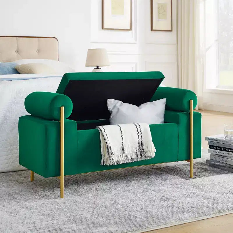 Banc de rangement capitonné élégant avec accoudoirs cylindriques et pieds en fer pour couloir salon chambre vert
