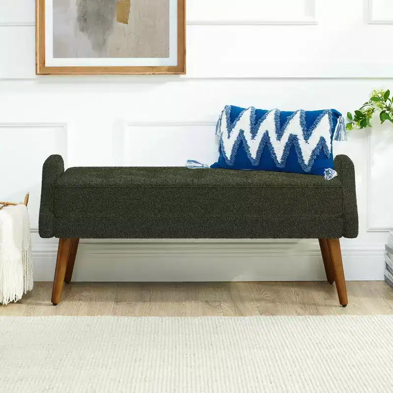 MAYEERTY Modern Living Room Bench Looped Yarn Fabric with Soft Cunshion Irregular Geometric Armrests Rubber Wooden Legs Green