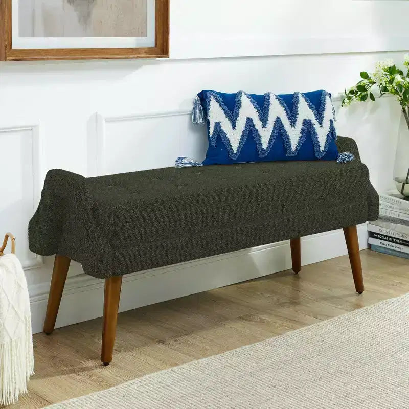 Banc de salon moderne en tissu filé bouclé avec coussin doux, accoudoirs géométriques irréguliers, pieds en bois d'hévéa, vert