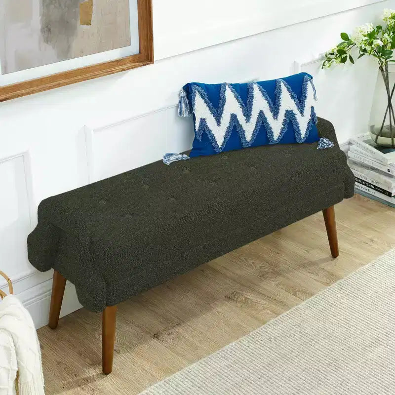 Banc de salon moderne en tissu filé bouclé avec coussin doux, accoudoirs géométriques irréguliers, pieds en bois d'hévéa, vert
